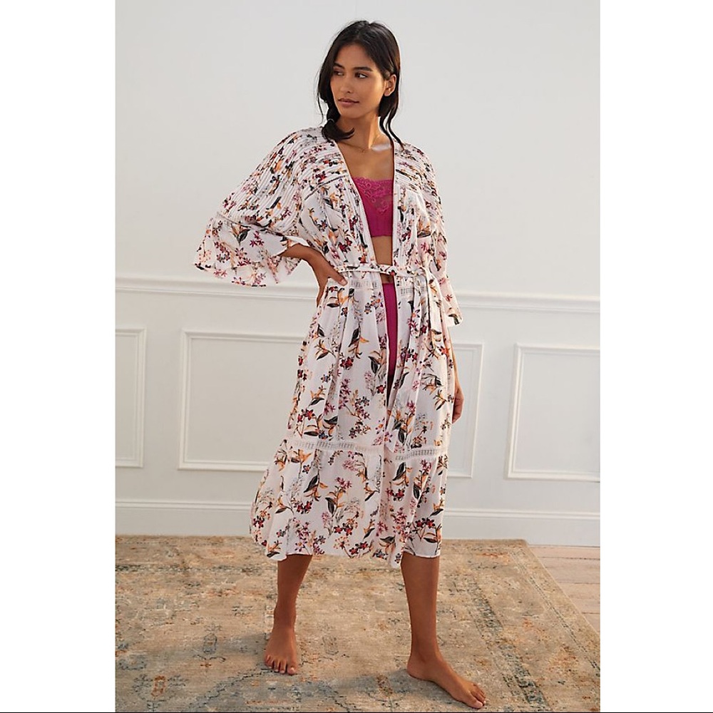 Anthropologie Pink Pintucked Floral Robe S